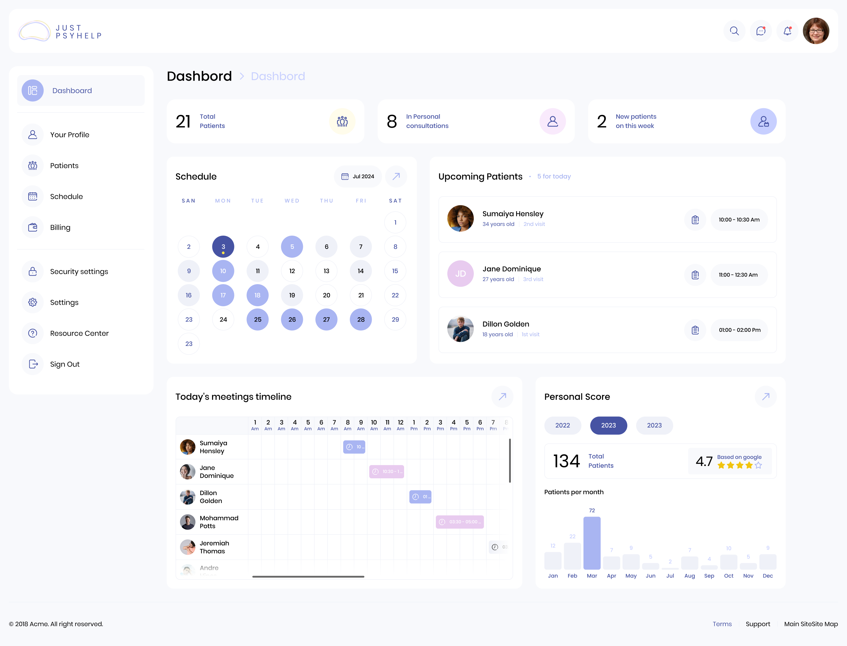 Интерфейс CRM justpsyhelp: расписание, клиенты и рабочие панели психолога